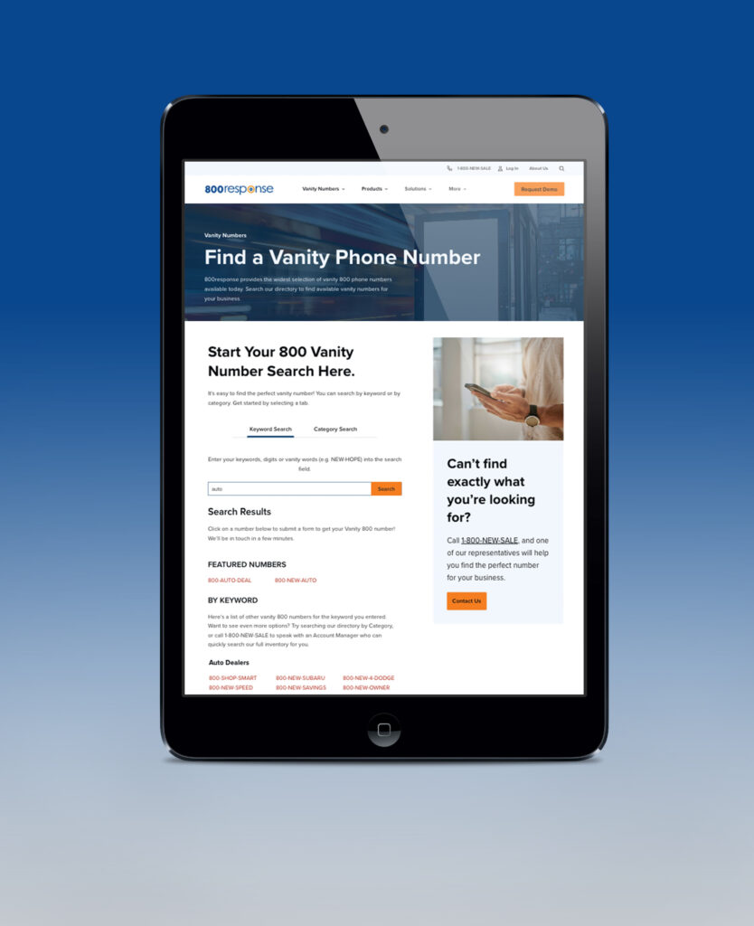 800response Find a Vanity Number page on a vertical iPad