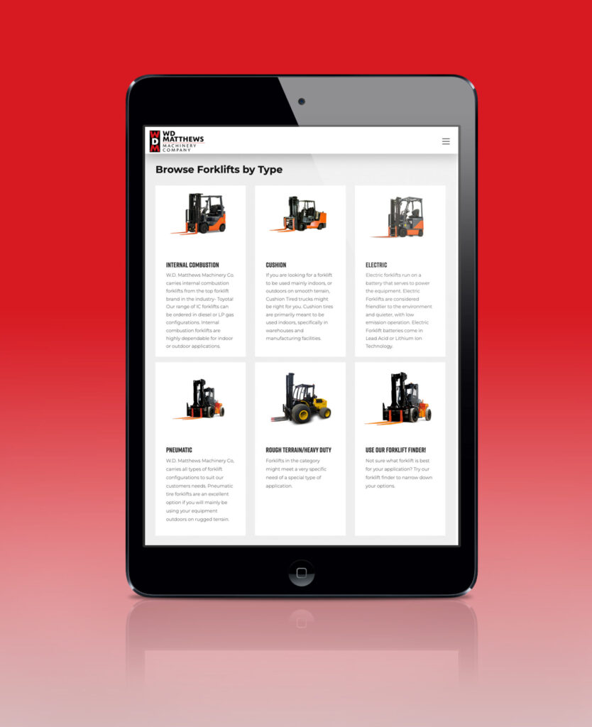 W.D. Matthews Machinery homepage screenshot on a tablet