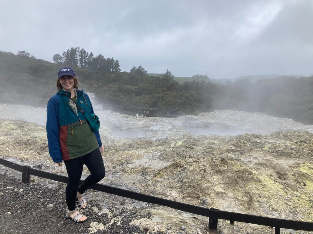 Cat Tremblay at the Hell's Gate geothermal pools in New Zealand