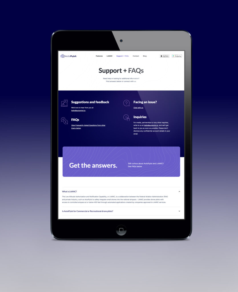 The AutoPylot App Support & FAQs page on a vertical iPad