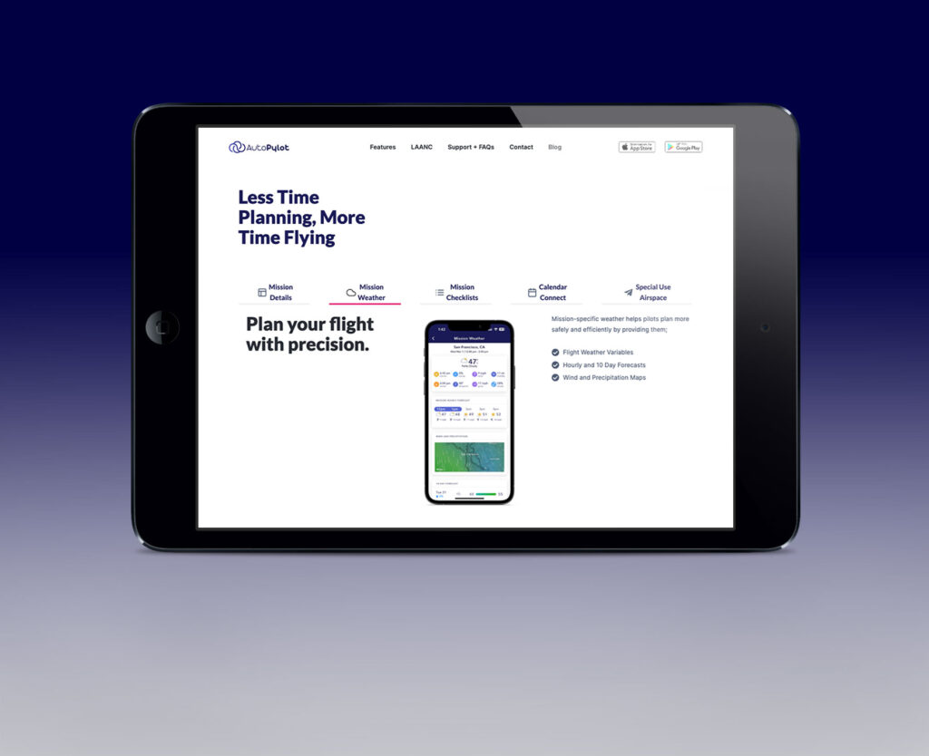 AutoPylot's Mission Weather section on the homepage on a horizontal iPad