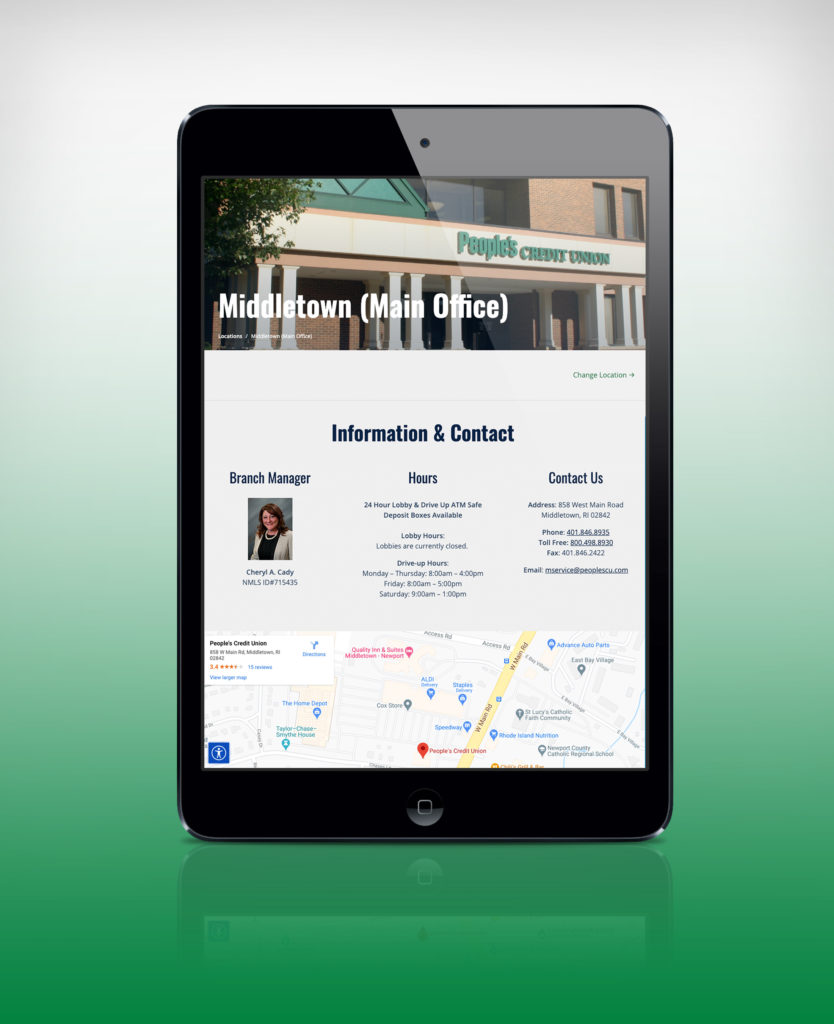 People's Credit Union branch location page on a ipad.