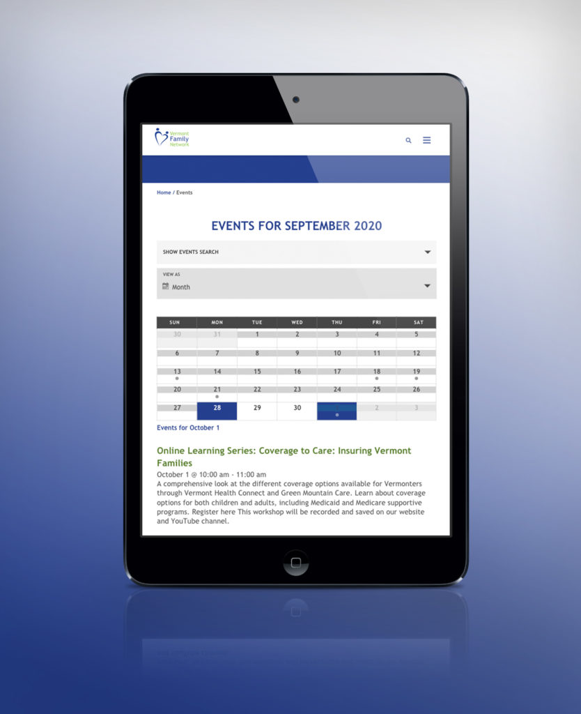 Vermont Family Network Events page on an ipad