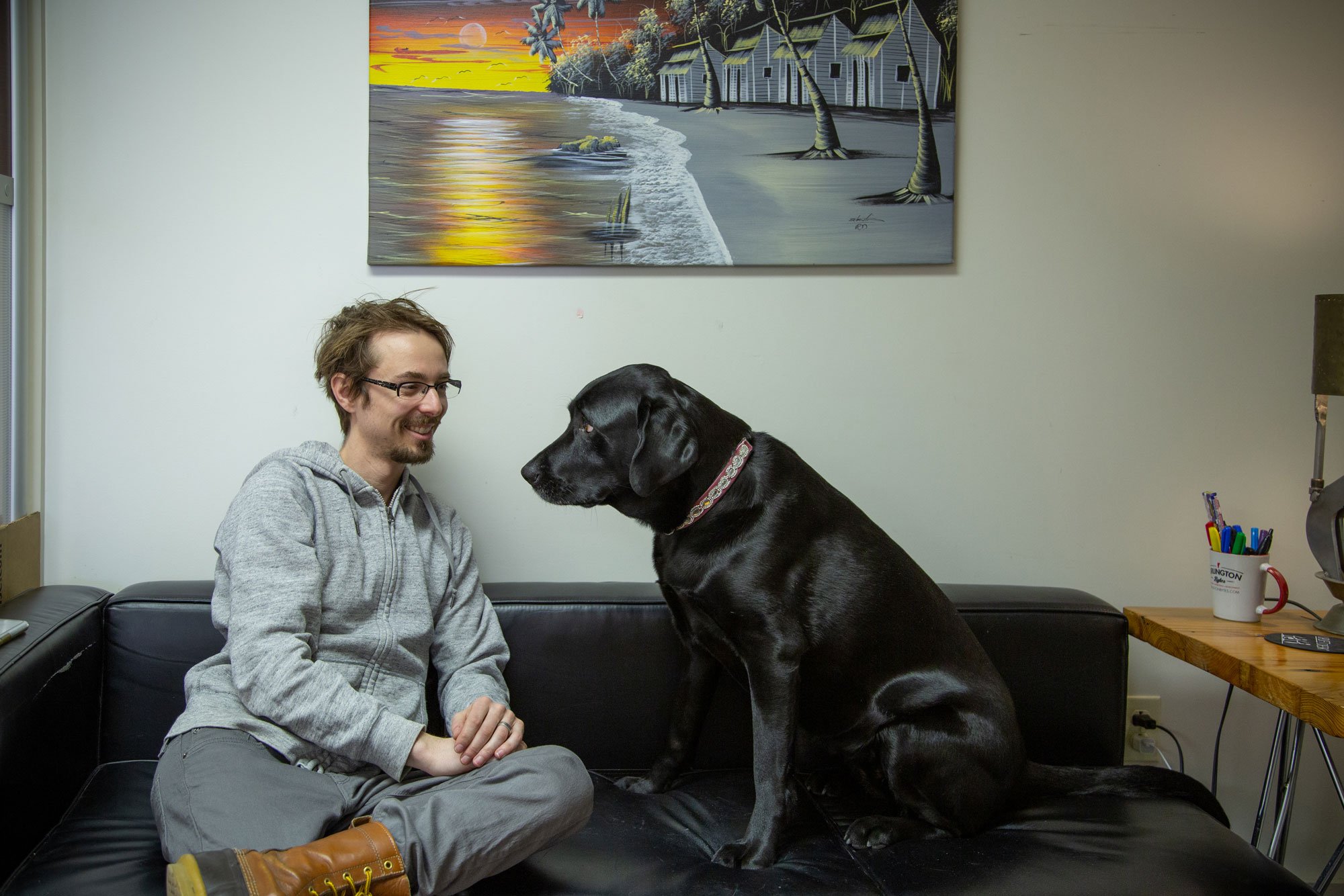 Jay and Disco in the Office library