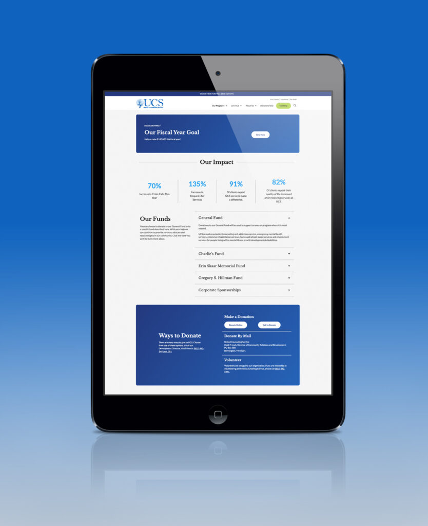 United Counseling Service homepage screenshot on a tablet