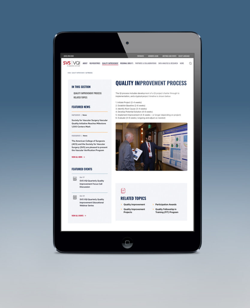 The VQI website's Quality Improvement Process page on a vertical iPad