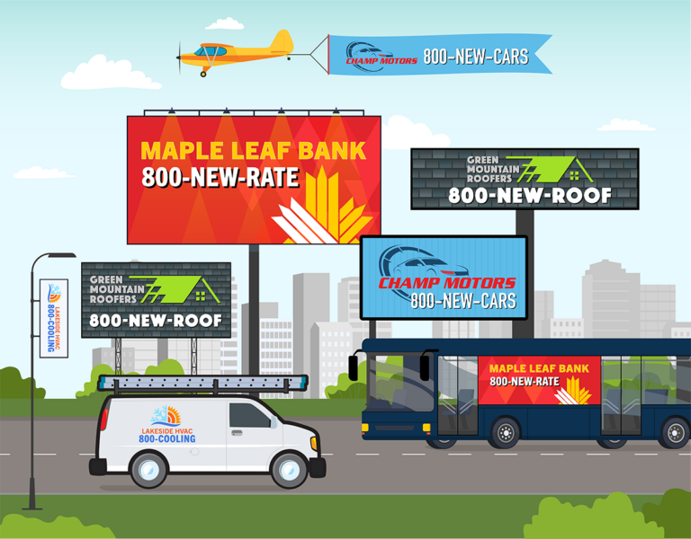 Illustration of 800response vanity numbers on billboards and vehicles