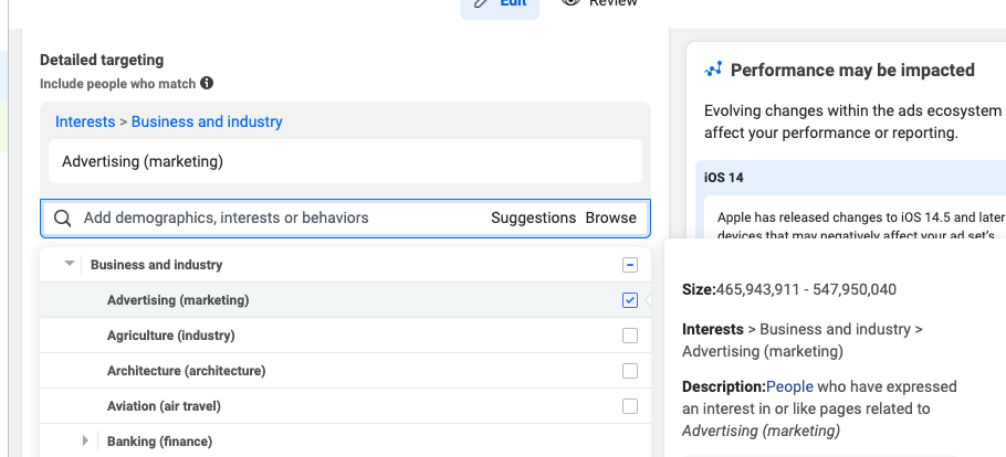 Facebook Ads' interest based targeting options for business