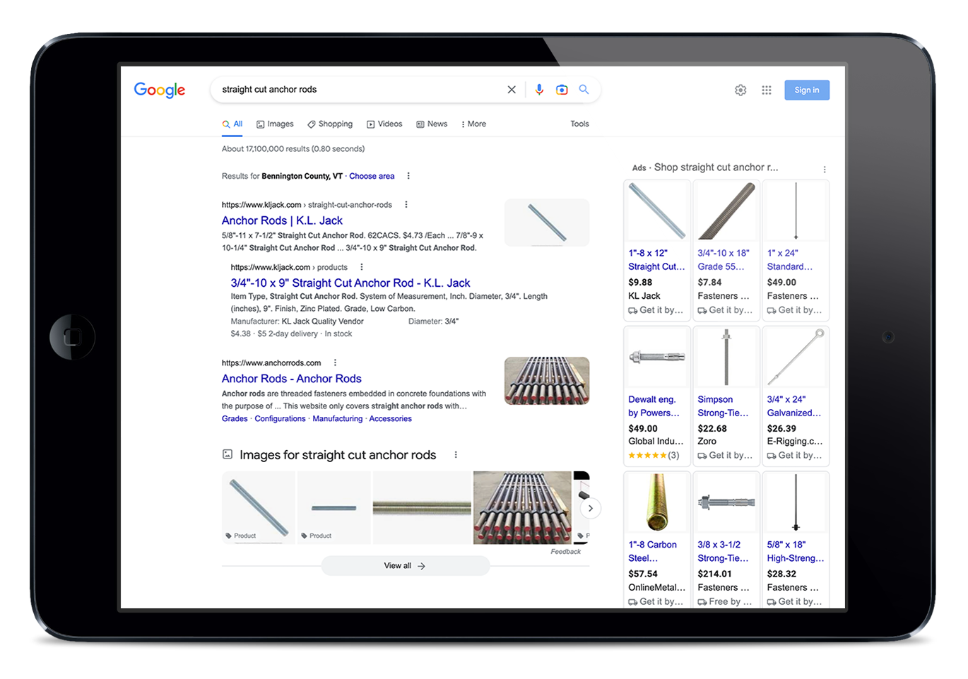 Horizontal iPad showing SEO results for straight cut anchor rods featuring K.L. Jack
