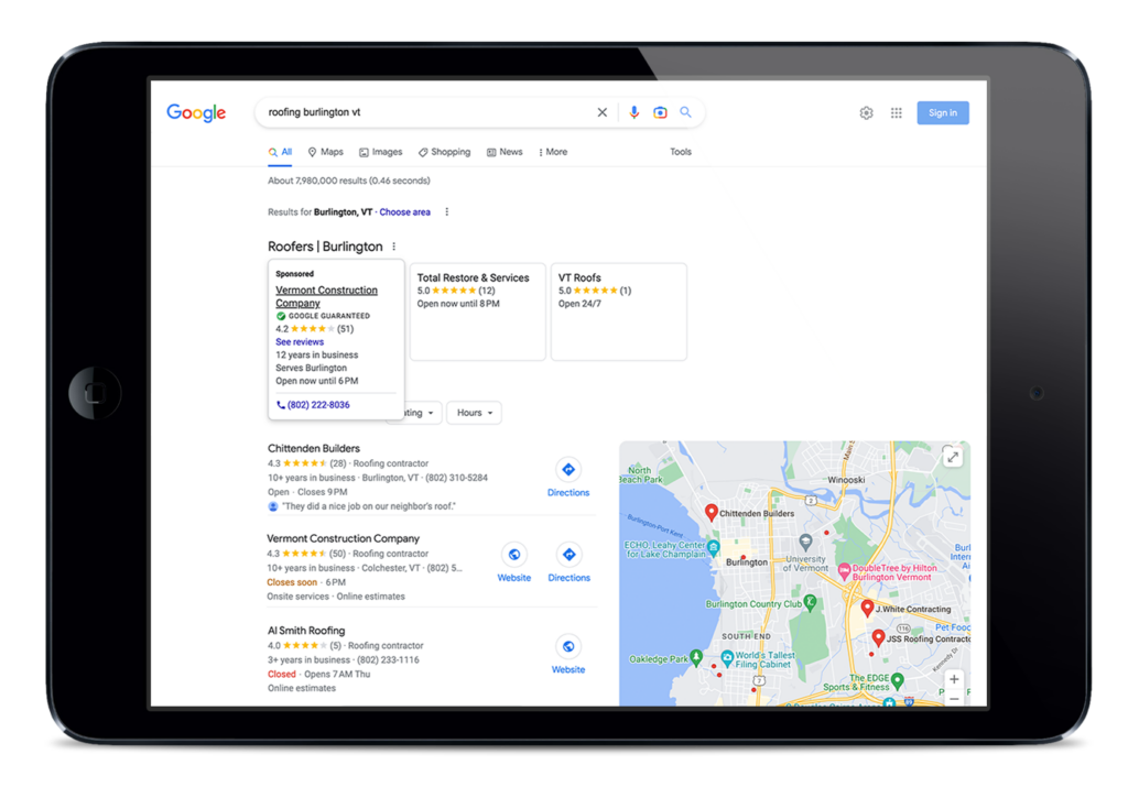 Horizontal iPad showing Google Local Services Ads for "roofing burlington vt" featuring Vermont Construction Company