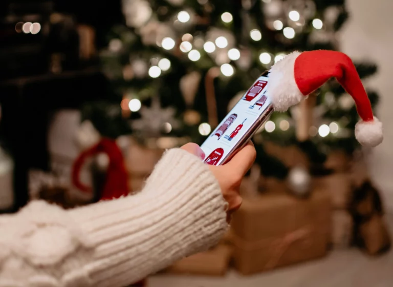 person holding a phone, the phone has a Santa hat on it